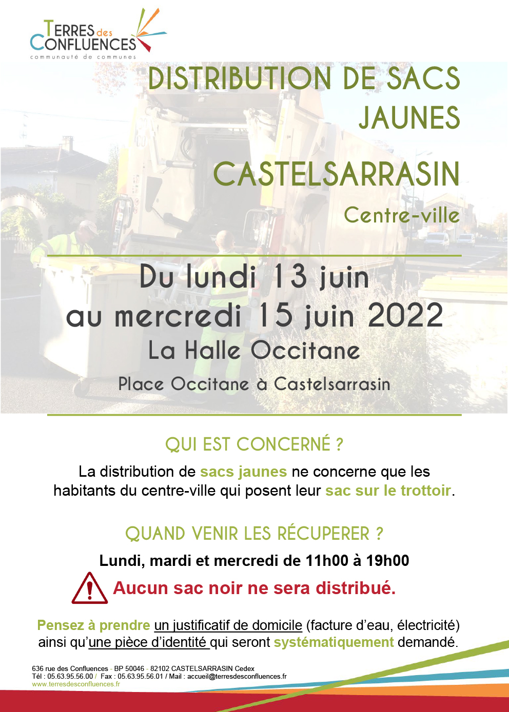 Distribution de sacs jaunes pour les habitants du centre-ville du lundi 13 au mercredi 15 juin 2022 à la Halle Occitane